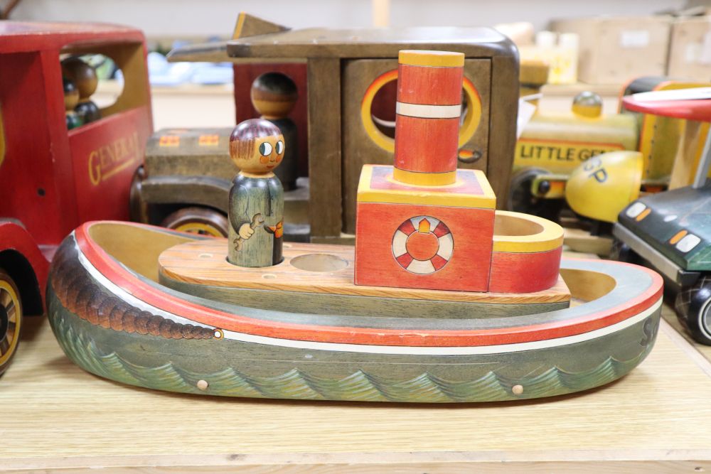 A collection of hand-crafted painted wooden toys, 1980s,